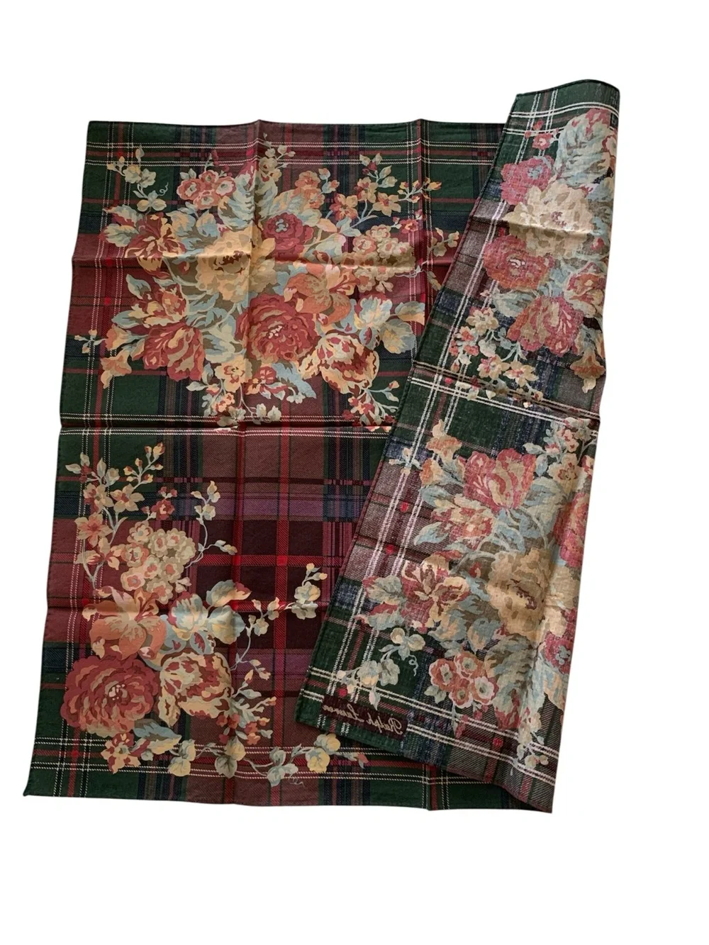 NWT Ralph Lauren Floral Plaid Cotton Handkerchief Scarf Made in Japan 18.5”
